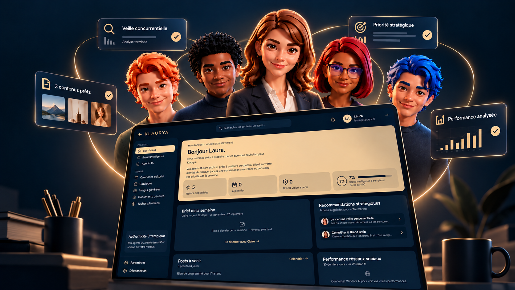 L'équipe d'agents IA KLAURYA et le dashboard Brand Intelligence